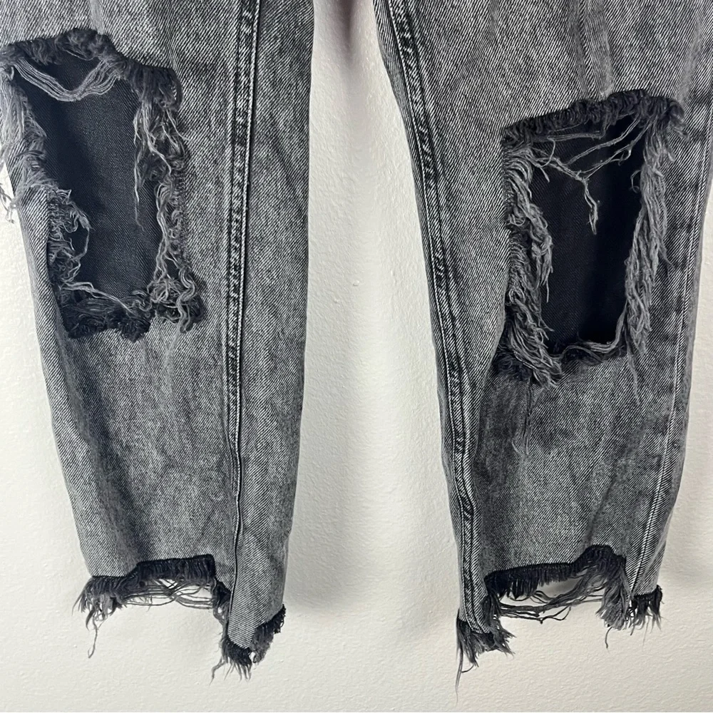 FREE PEOPLE Maggie Black Wash Button Fly Busted Knees Sharkbite Hem Jeans 26